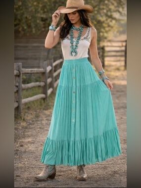 Double D Ranch Turquoise Tiered Button-Front Maxi Skirt